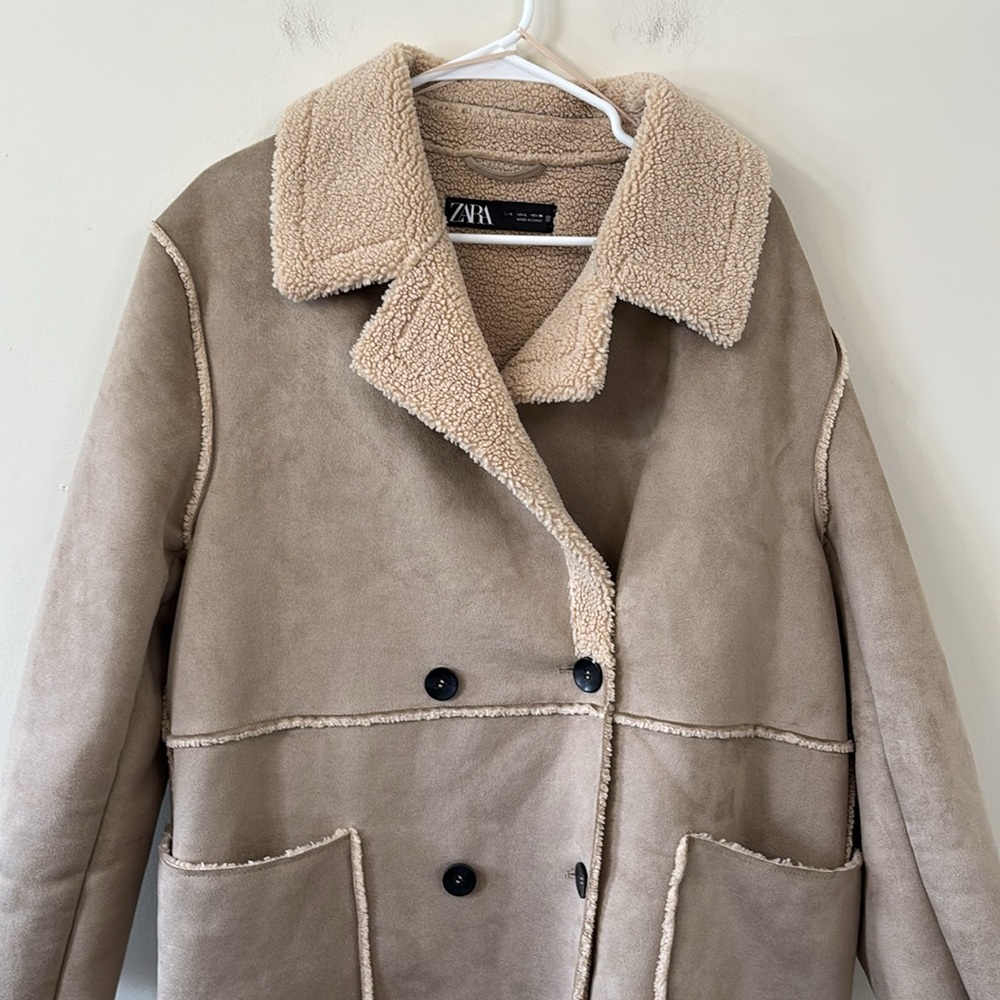 ZARA Contrasting Fleece Suede Long Coat Size Large - Picture 5 of 14